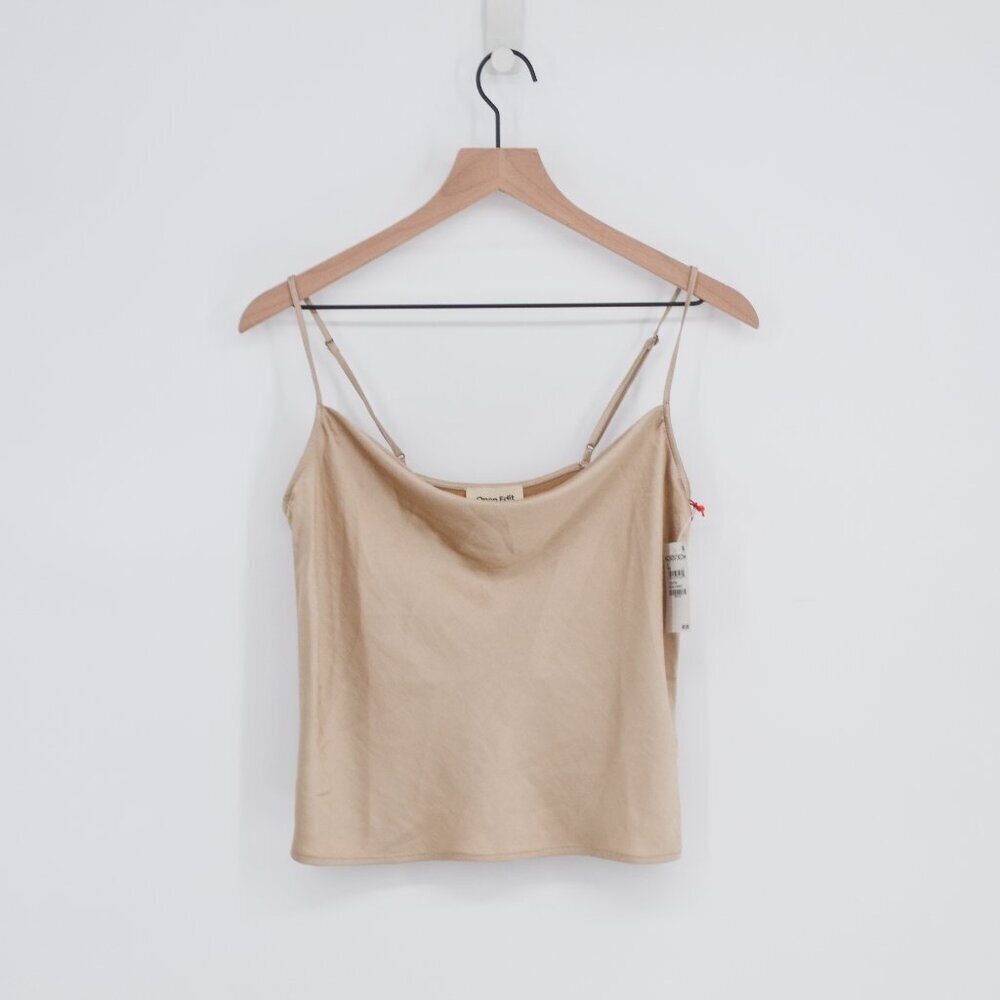 NEW Open Edit Cowl Neck Camisole In Beige Hummus Silky Satin Spaghetti Women's S